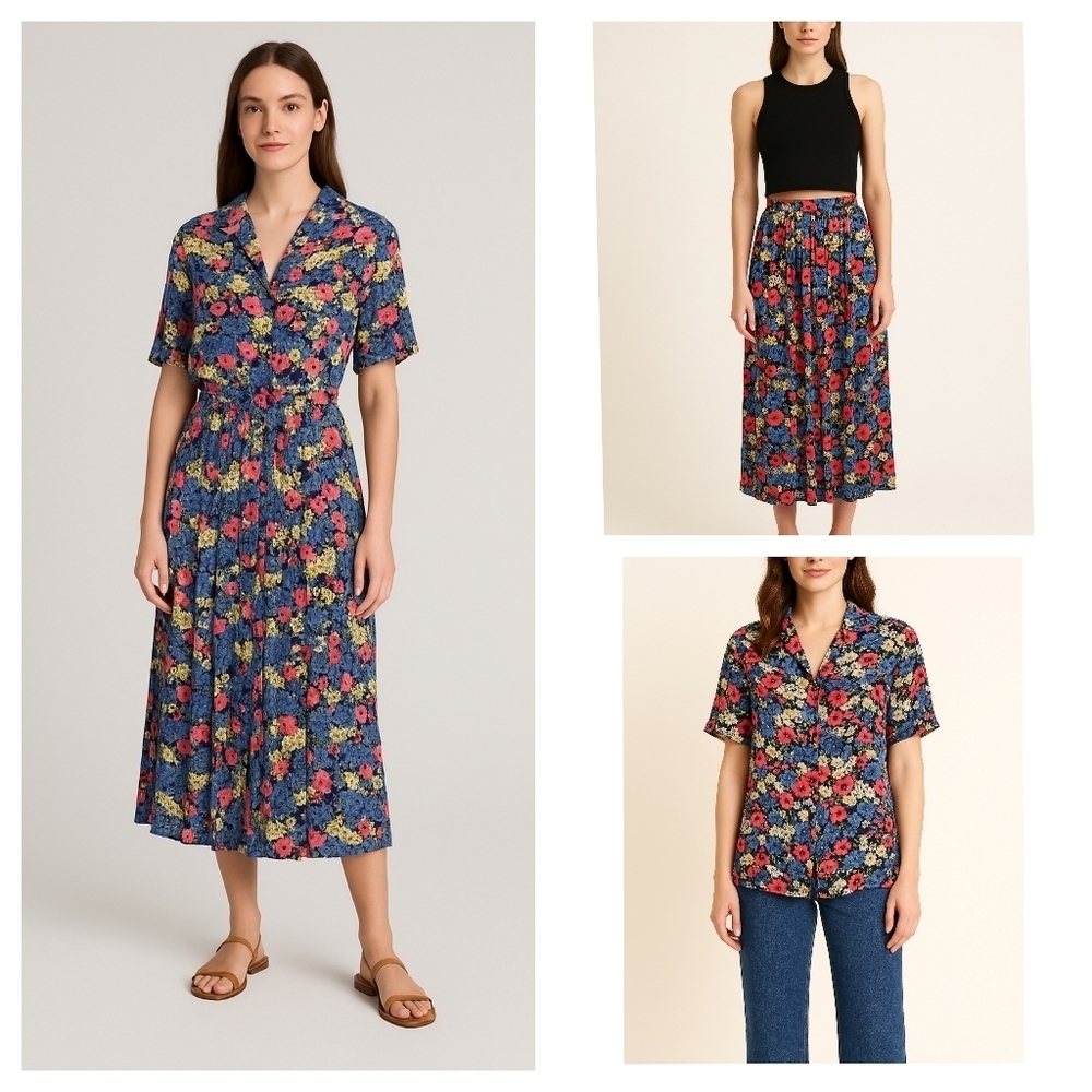 Vintage Jones New York Floral Short Sleeve Top and Pleated Midi Skirt Set